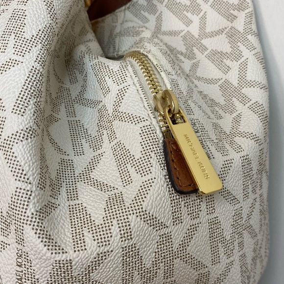 MICHAEL KORS Cream Logo Slouchy Shoulder Tote Bag Brown Leather & Gold Chains - Picture 6 of 12